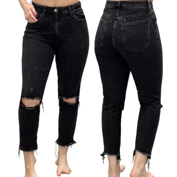 Abercrombie & Fitch The Mom High Rise Jeans in Distressed Black Curve Love - Picture 1 of 15